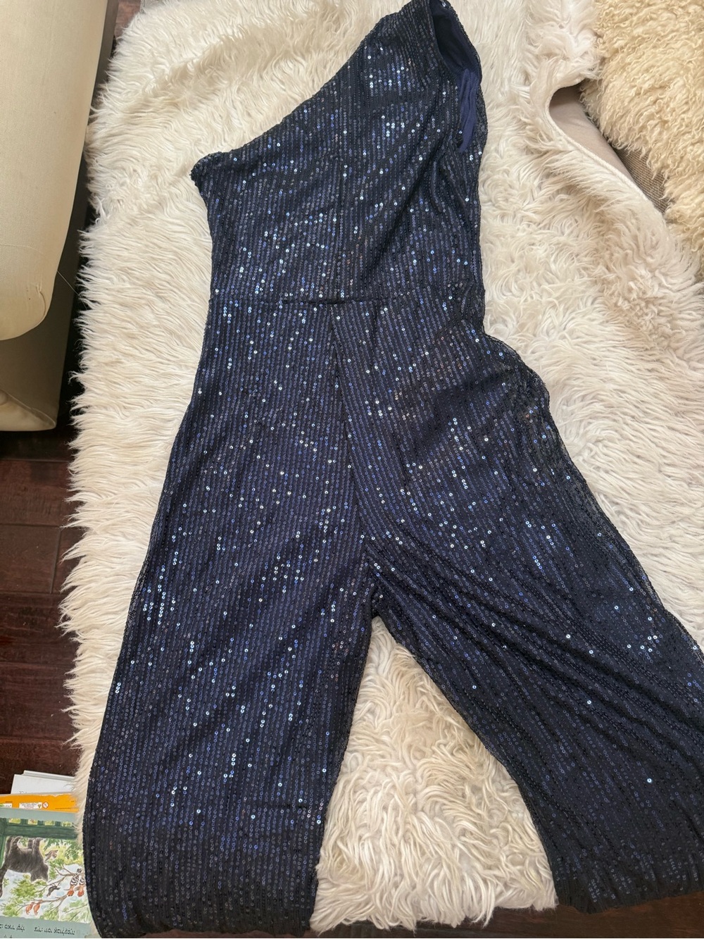 One-Shoulder Navy Sequin Jumpsuit